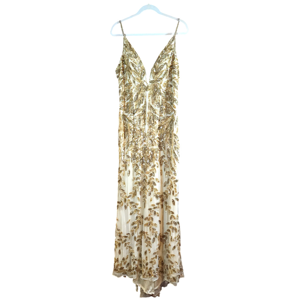 Mac Duggal Scoop Neck Embellished Gold Sequin Beaded Evening Gown Women's 14 NWT